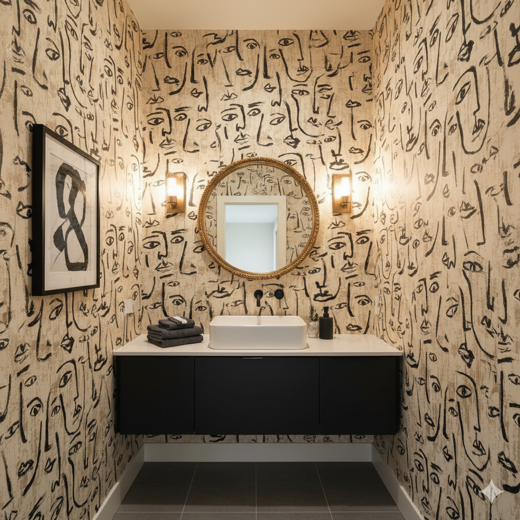 Atelier Faces Wallpaper with sketched face pattern, covering bathroom walls around a gold-rimmed mirror.
