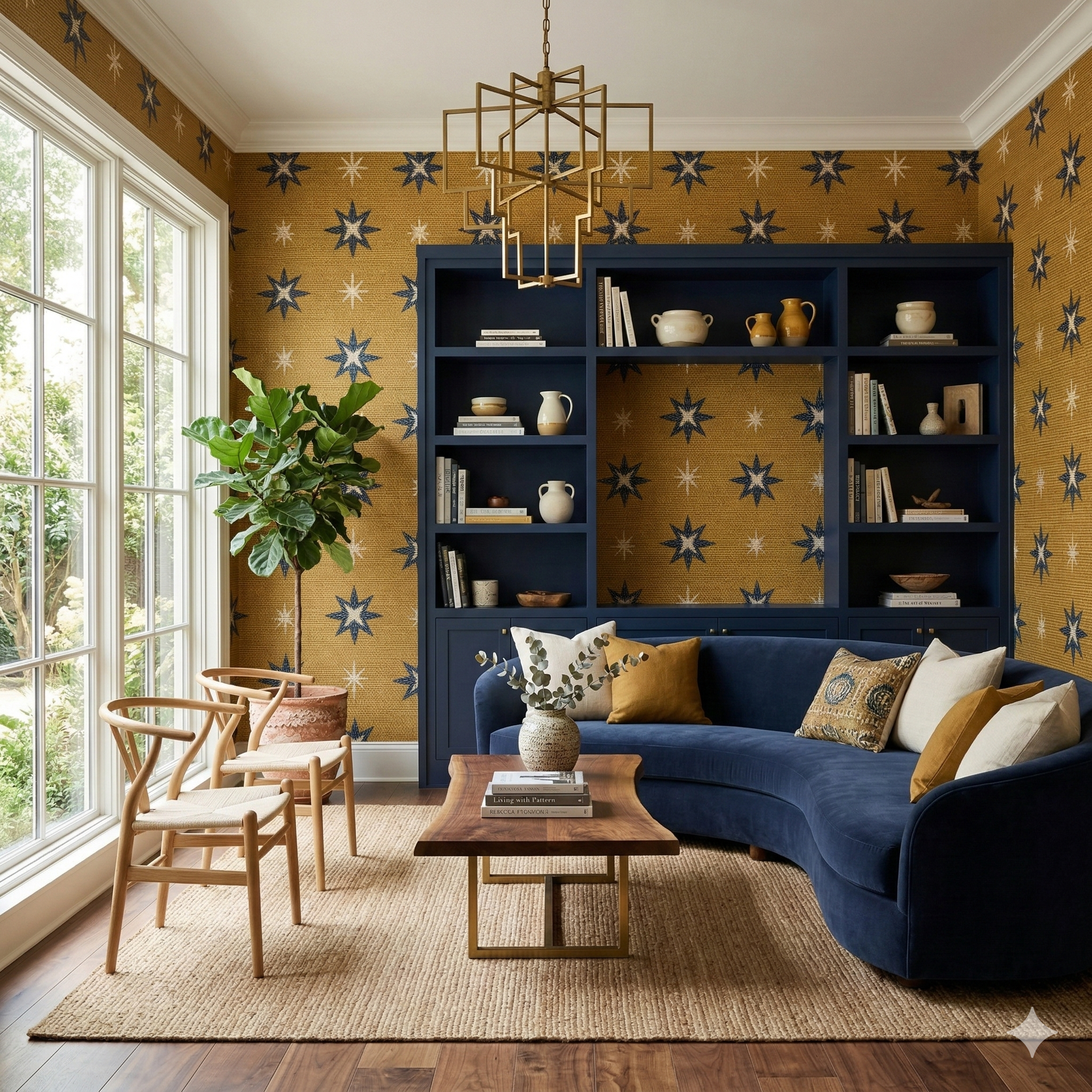 Gold star patterned Astra Meridian Wallpaper, with blue accents, in a stylish living room.