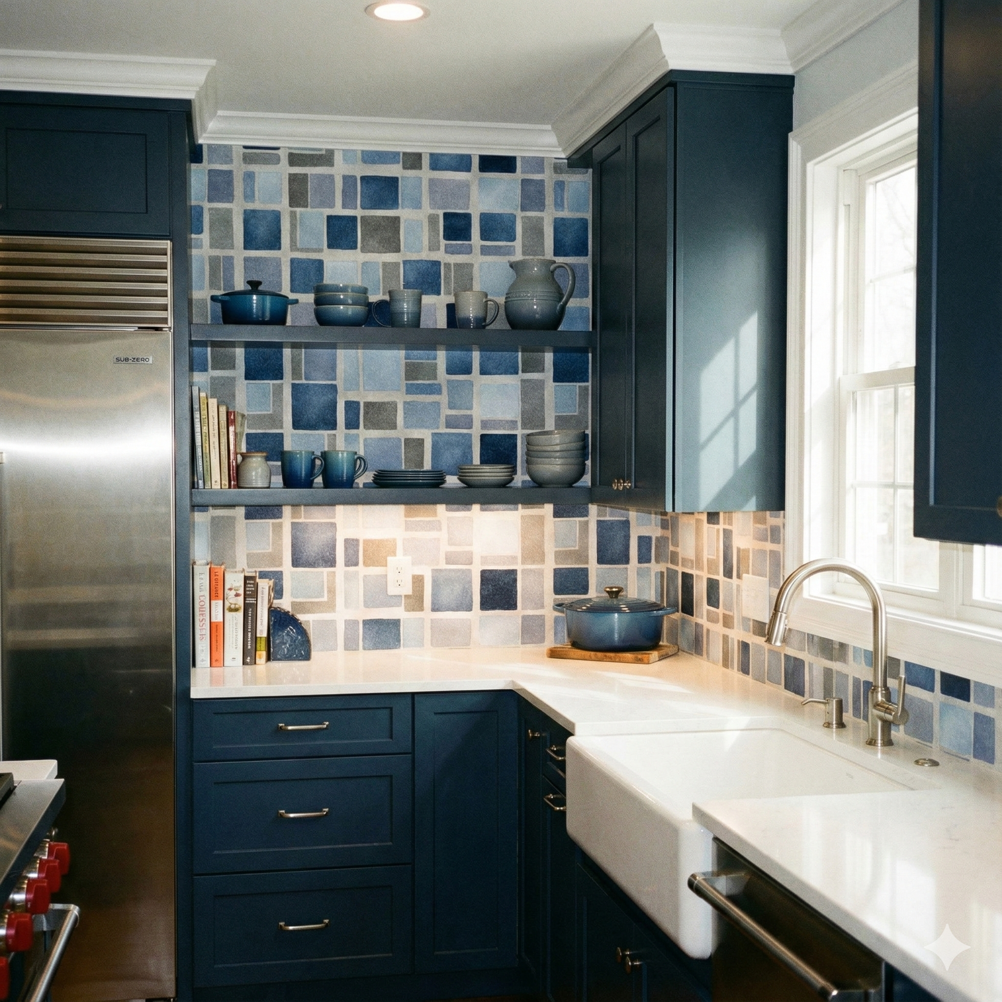 Blue patterned wallpaper by York Wallcoverings with square tile effect above kitchen cabinets.
