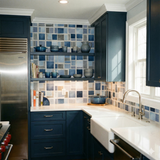 Blue patterned wallpaper by York Wallcoverings with square tile effect above kitchen cabinets.