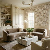 Sable wallpaper with bamboo foliage pattern, covering the walls behind a sofa and chairs.