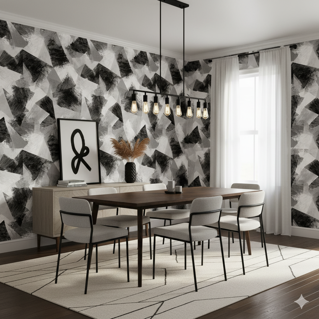 Monochrome shard pattern wallpaper with black and gray tones, showing modern artistic patterns.