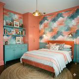Watercolor style Harlow Drift Wallpaper with peach and teal tones, creating a painterly cloudscape effect.