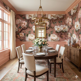 Peony Sonata Wallpaper with floral design and butterfly accents, covering the walls of a decorated dining room.
