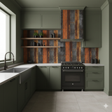 Corrugated Ironvale Wallpaper with vertical orange and gray stripes, used as kitchen backsplash.