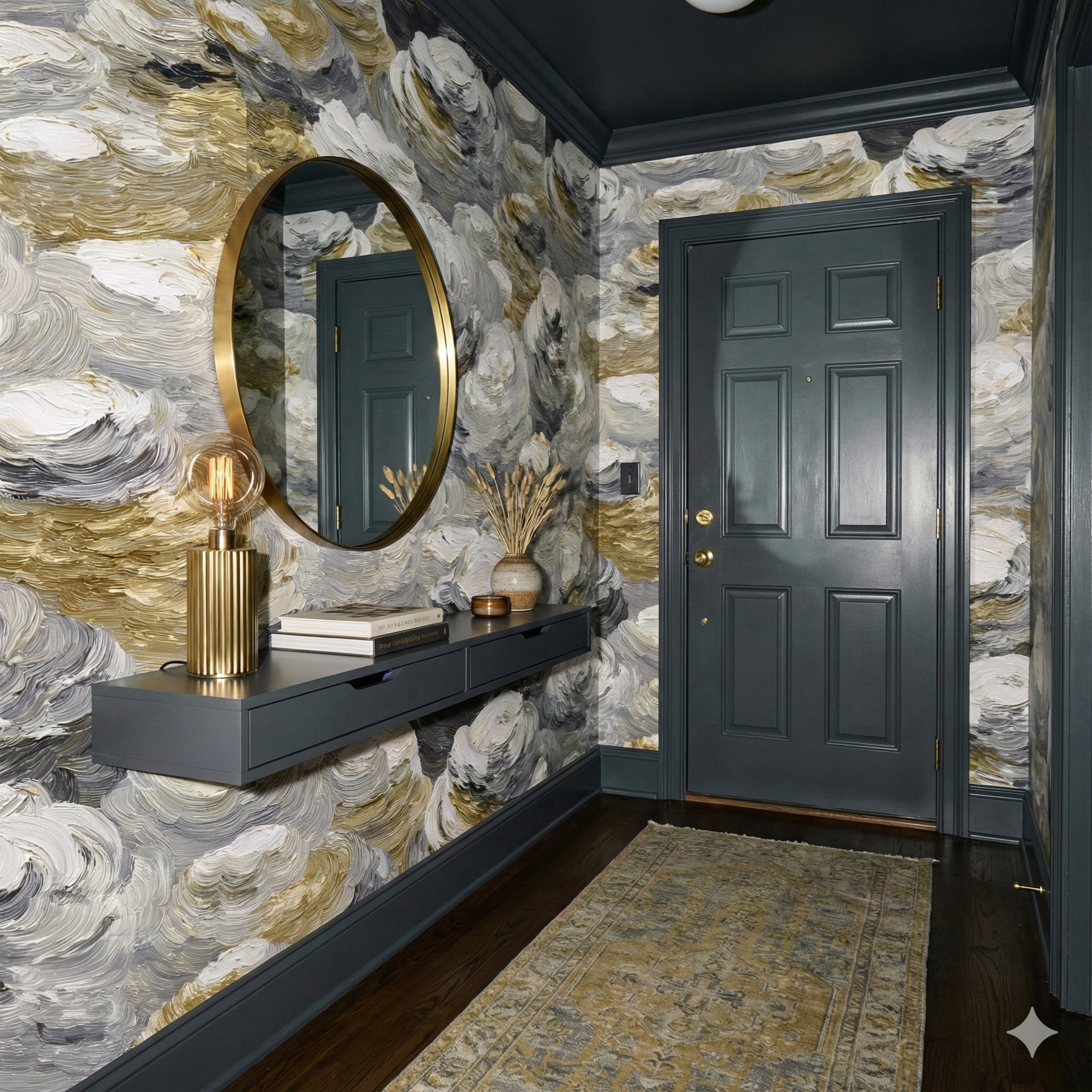 Clouded Shore Wallpaper with a painterly cloudscape pattern, featuring gold and gray accents.