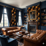 Dark wallpaper with whiskey glass pattern, from Nocturne, adorning a traditional room with leather furniture and blue accents.