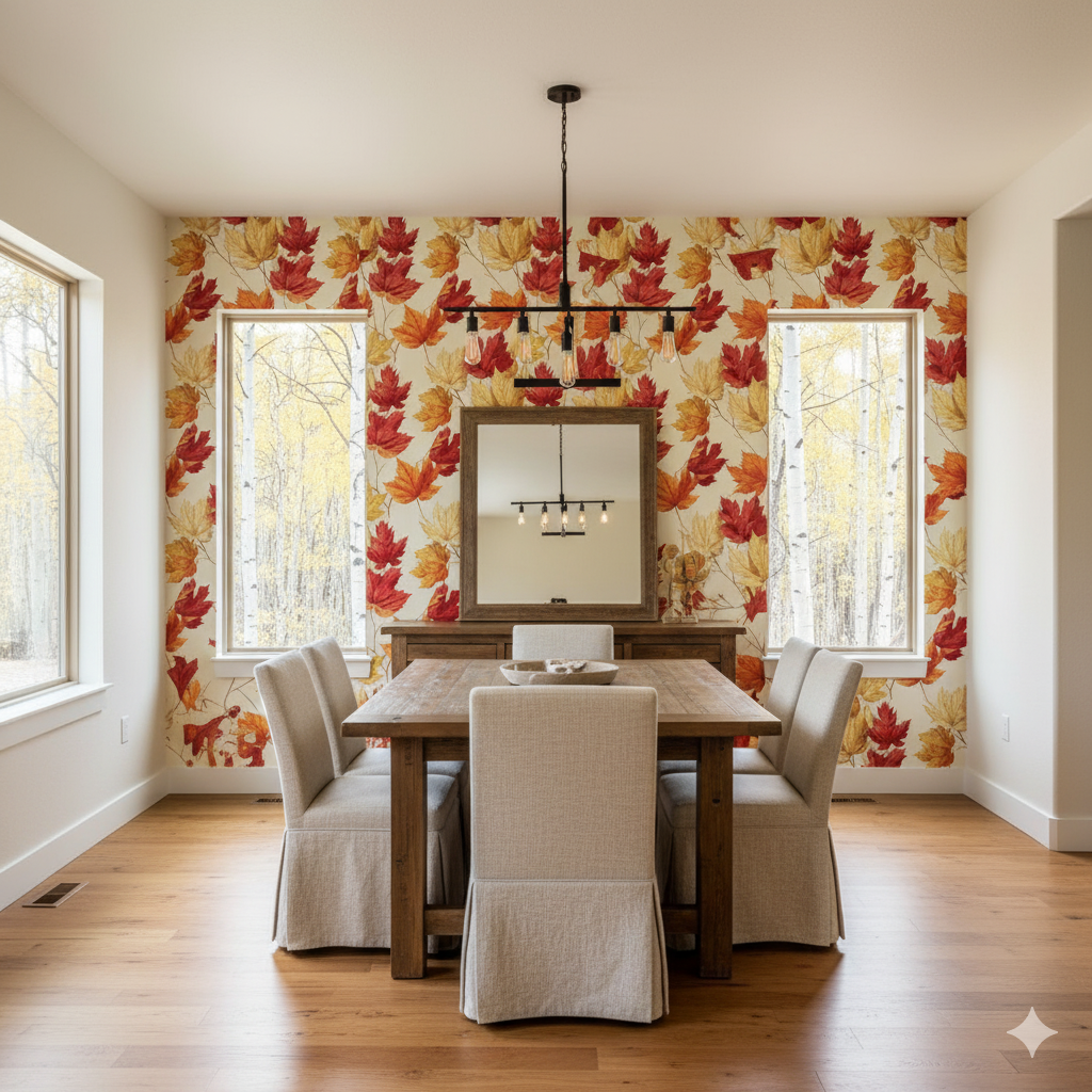 Maple Waltz Wallpaper with a leaf pattern, filling a room with natural light.