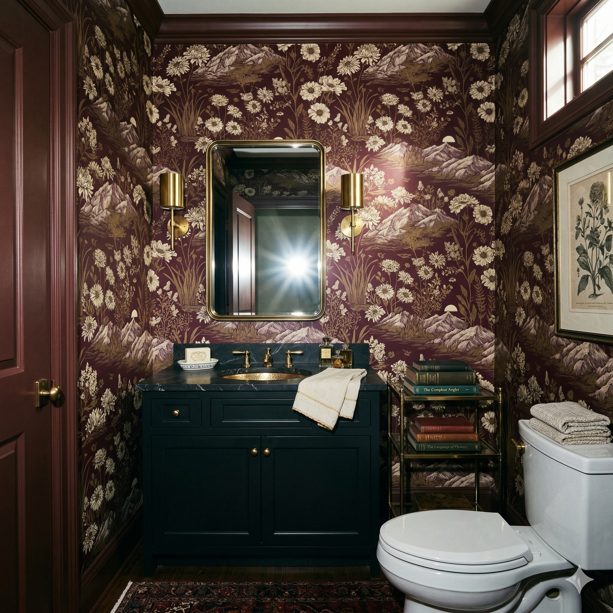 Patterned wallpaper with flowers and mountains, tapestry-style, with a traditional design.