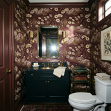 Patterned wallpaper with flowers and mountains, tapestry-style, with a traditional design.