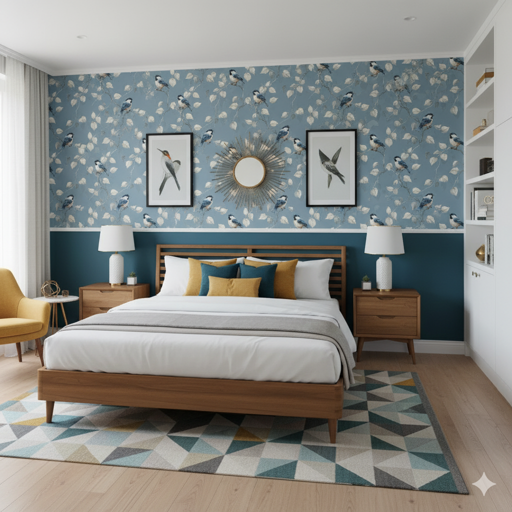 Azure Finch Wallpaper with a bird and branch pattern on a two-tone blue wall.
