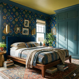 Sundial Province Wallpaper with blue, green, and gold geometric patterns on the wall.