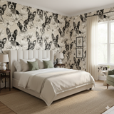 Magnolia Companions Wallpaper with dog pattern by York Wallcoverings on bedroom wall.