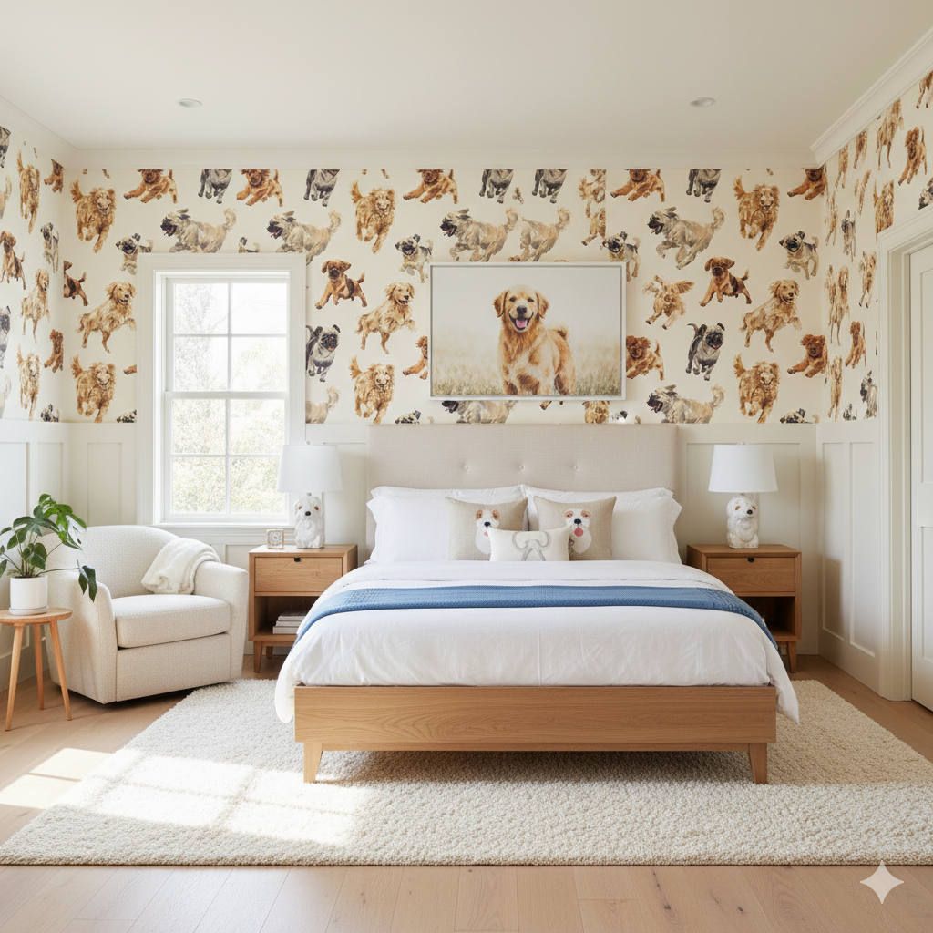 Happy Hour Hounds Wallpaper featuring dogs by Ashley Woodson Bailey, in a bedroom setting with natural light.
