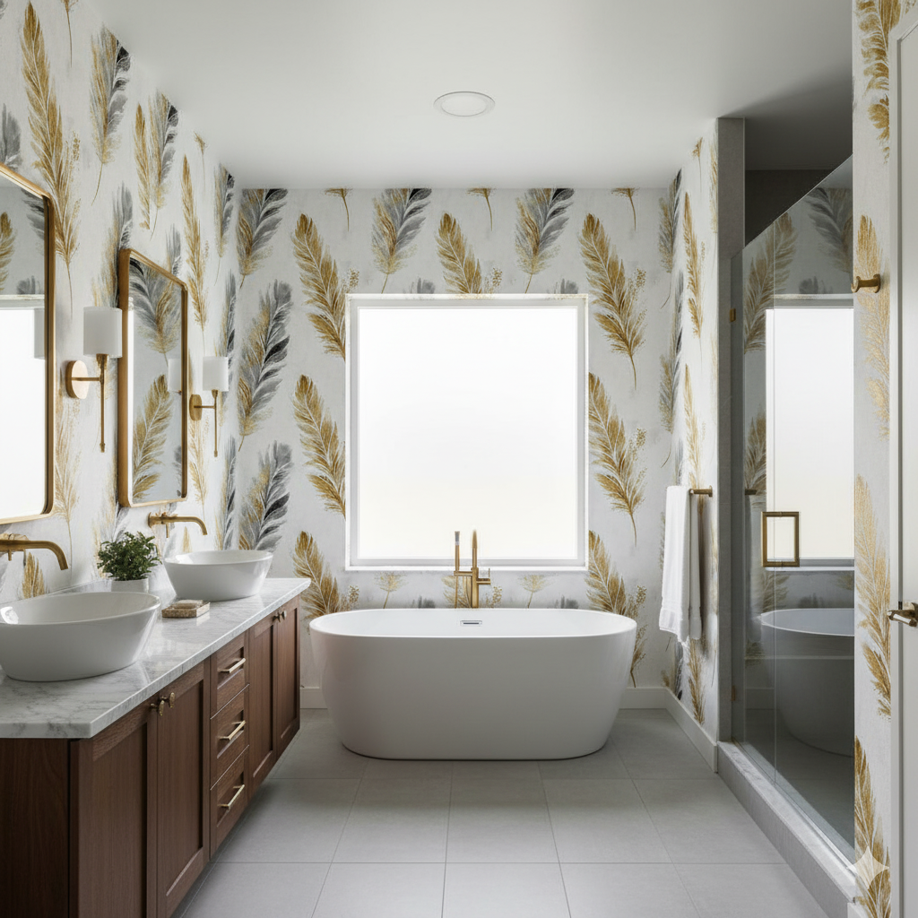 Plume Aureate wallpaper with gold and gray feather pattern, covering the bathroom walls.
