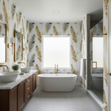 Plume Aureate wallpaper with gold and gray feather pattern, covering the bathroom walls.
