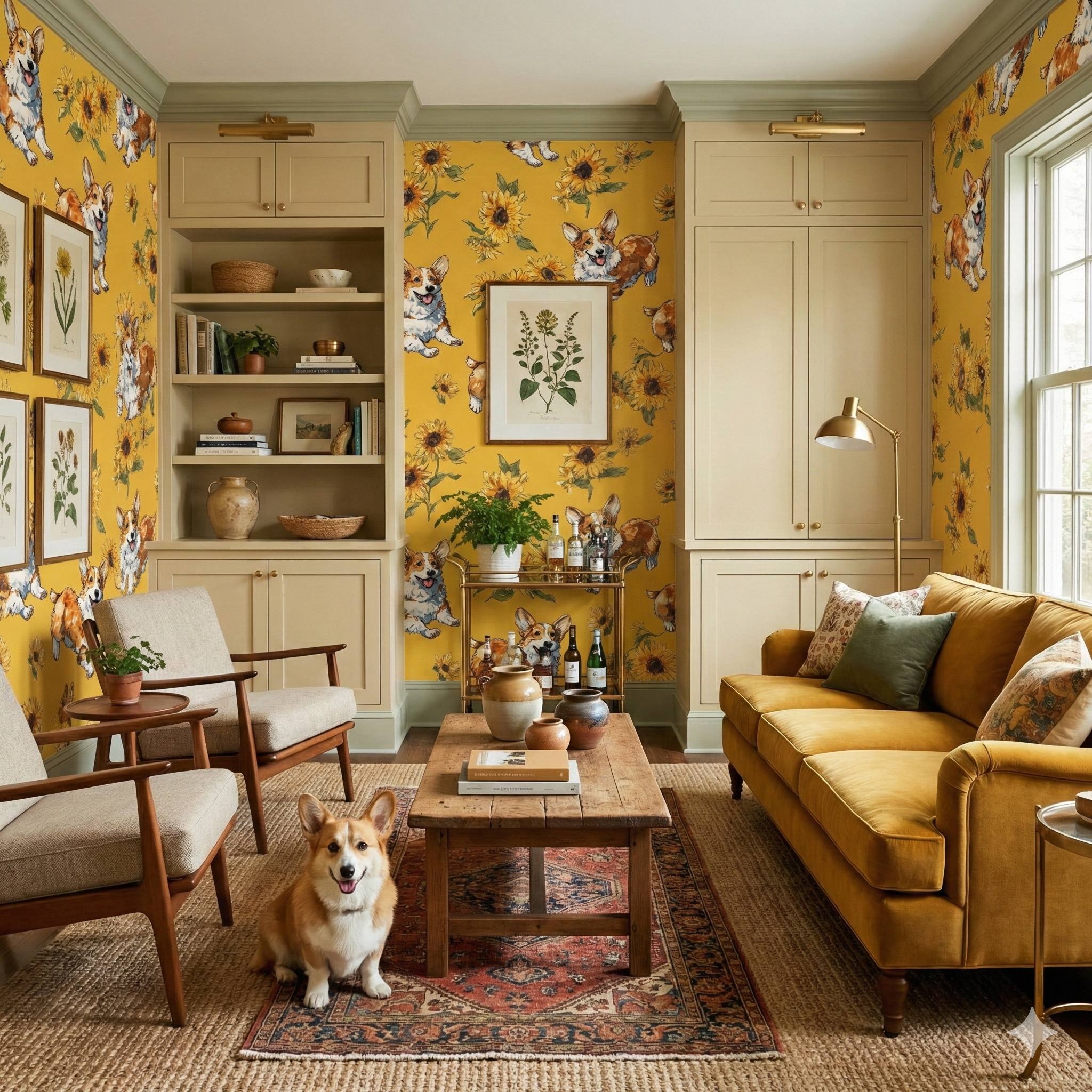 Yellow Soleil & Scout Wallpaper with corgi and sunflower pattern.