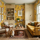 Yellow Soleil & Scout Wallpaper with corgi and sunflower pattern.