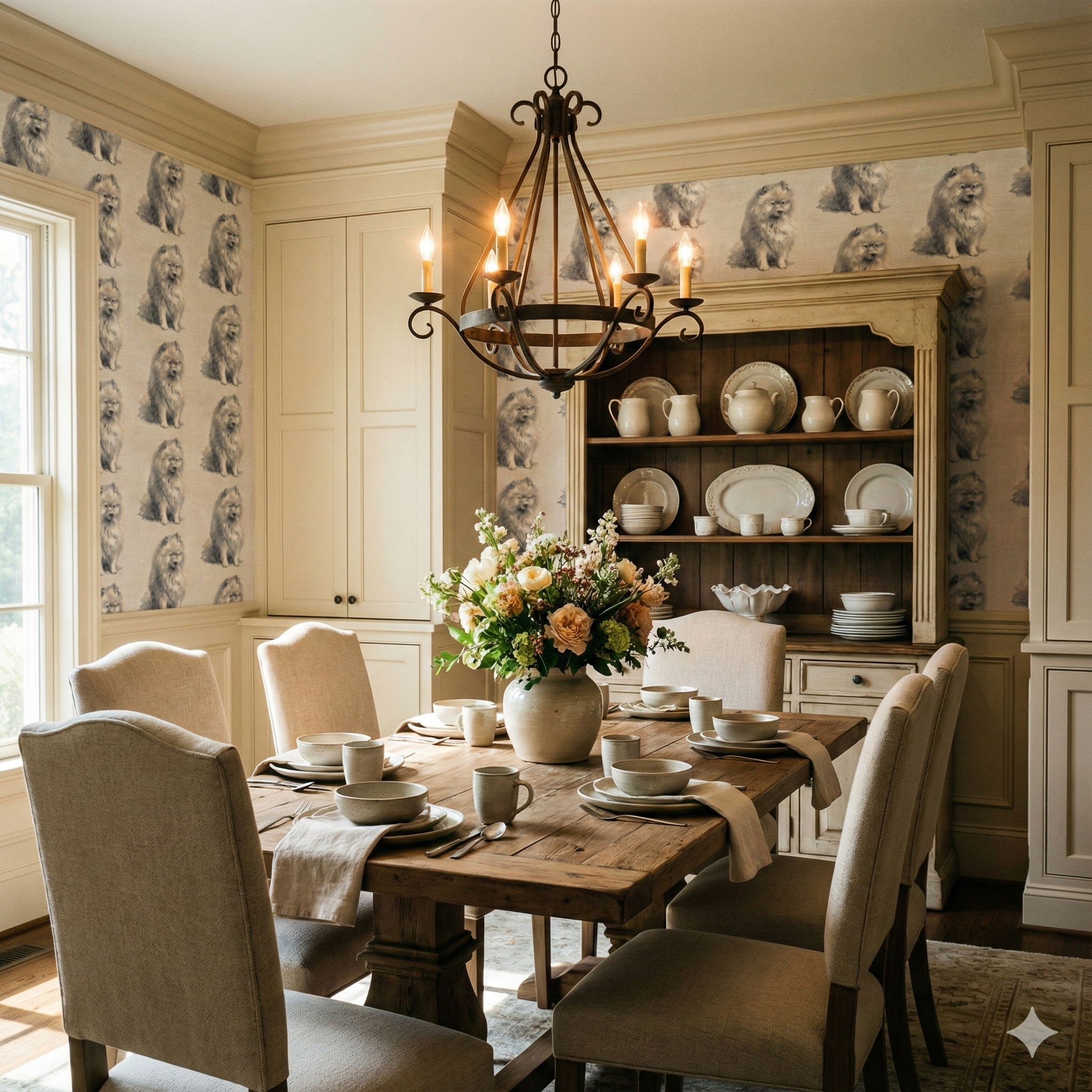 Patterned Wintertail Wallpaper featuring dog motif, covering dining room walls.
