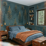 Auric Timberline Wallpaper with a dark teal background and gold tree pattern.
