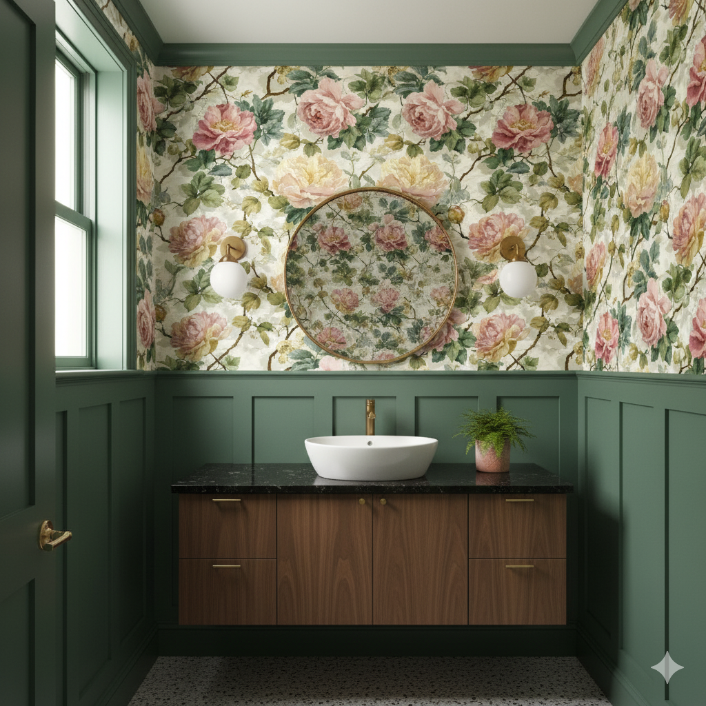 Rose of Dorsay Wallpaper with a floral pattern covering the walls around a round mirror.