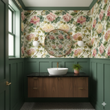 Rose of Dorsay Wallpaper with a floral pattern covering the walls around a round mirror.