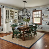 Redwing Passage wallpaper featuring a sky and crane pattern on the walls of a dining room.