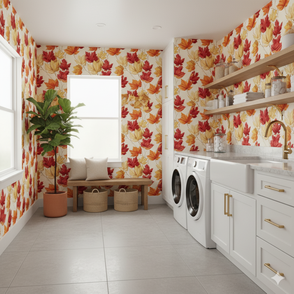 Maple Waltz Wallpaper with red and yellow leaf pattern, covering a laundry room setting.