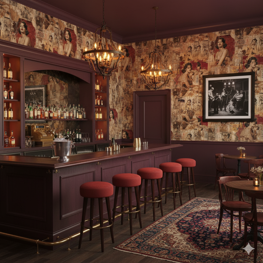 Patterned Rue Saint-Claire Wallpaper with vintage-style imagery in a moody, atmospheric bar setting.
