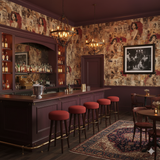Patterned Rue Saint-Claire Wallpaper with vintage-style imagery in a moody, atmospheric bar setting.

