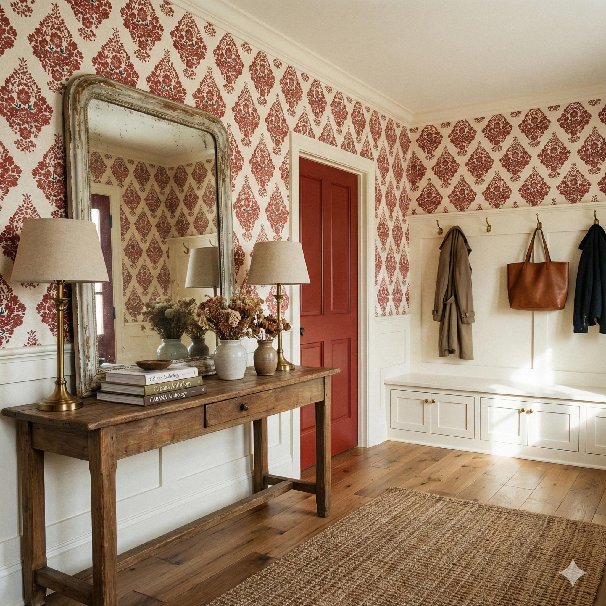 Cinnabar Vignette wallpaper in a floral damask pattern, decorating a stylish entryway.