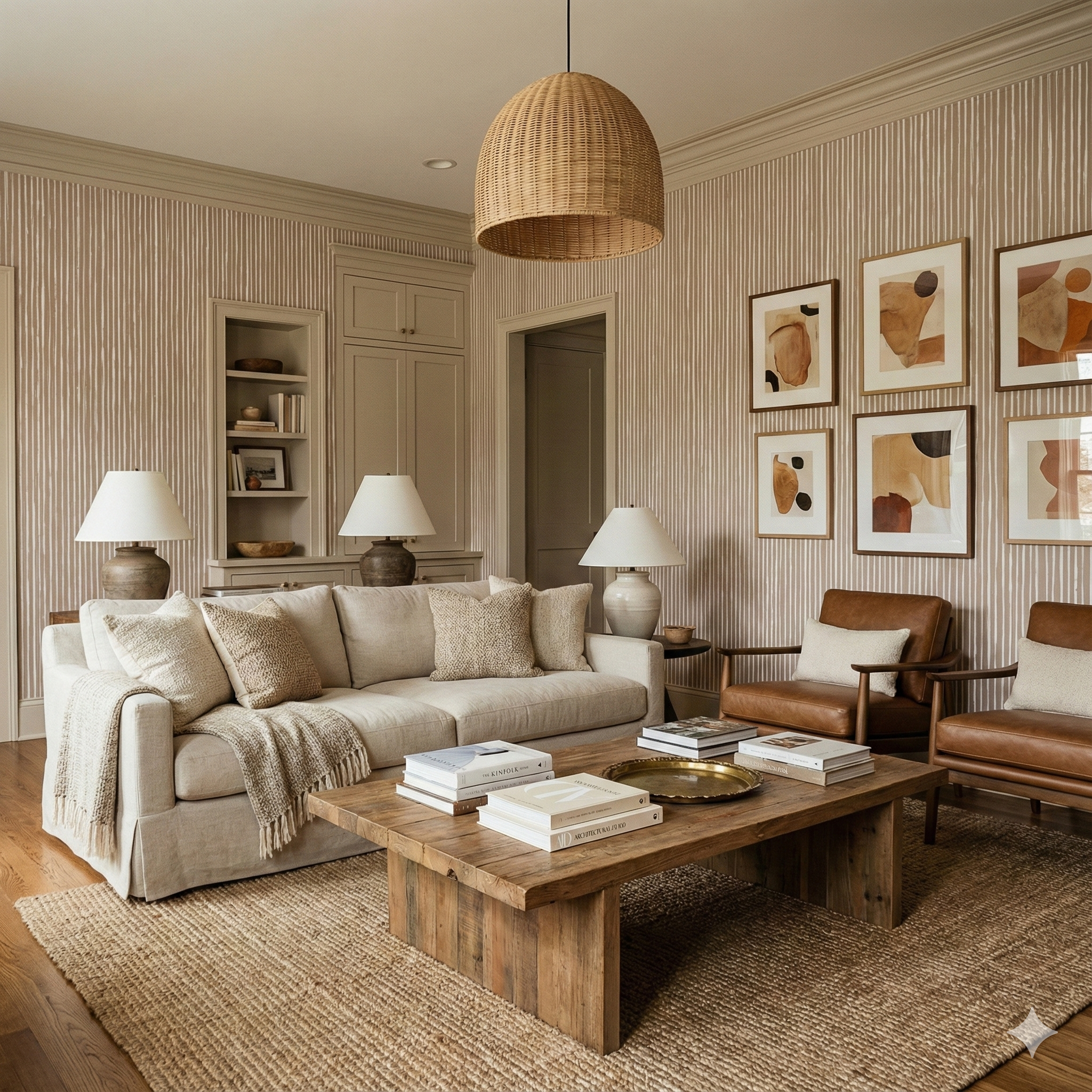Neutral Cedarline Drift Wallpaper with vertical stripe pattern, covering the walls of a living room.
