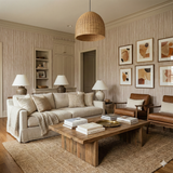 Neutral Cedarline Drift Wallpaper with vertical stripe pattern, covering the walls of a living room.
