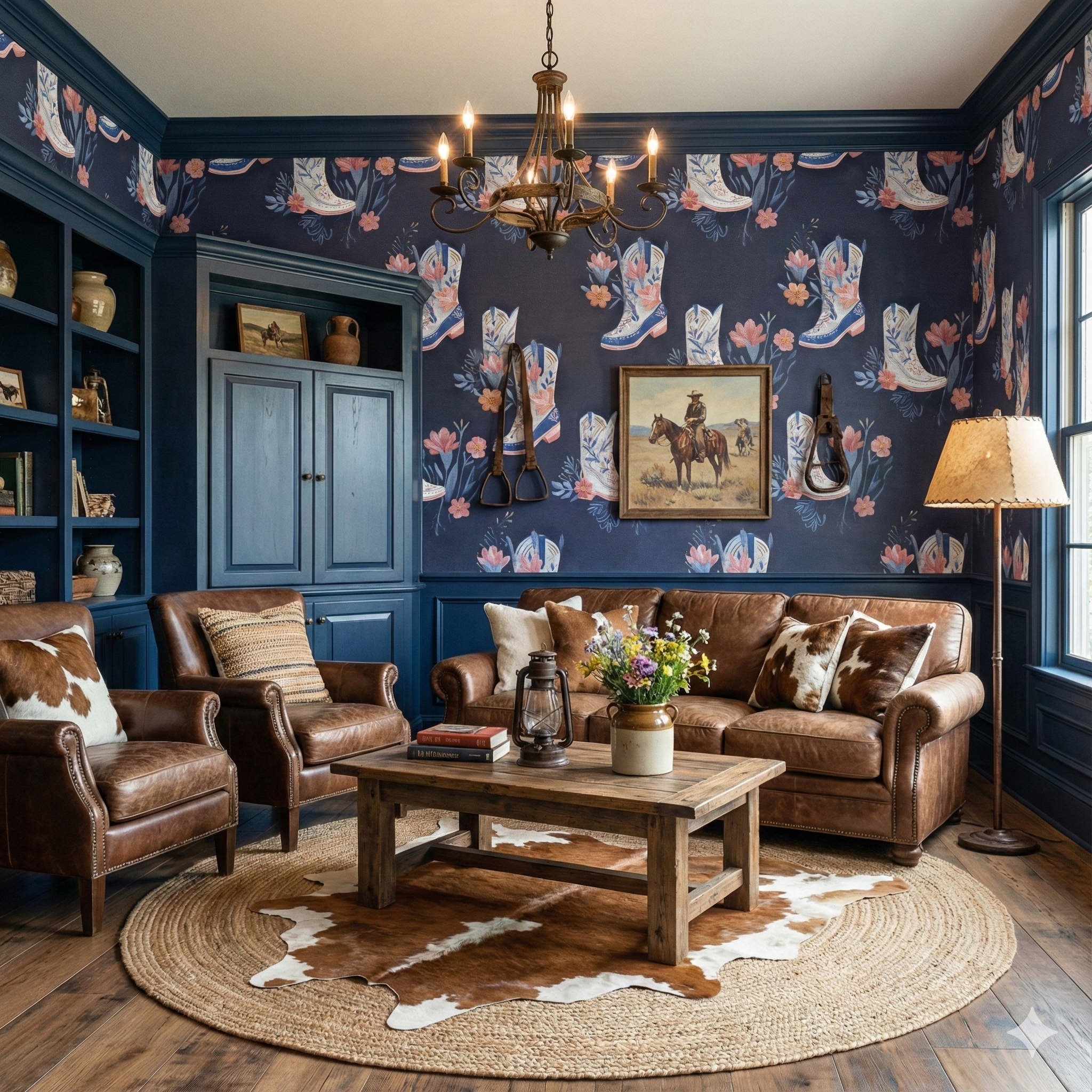 Rodeo themed wallpaper with floral patterns, by Bluebonnet, against a blue backdrop with cowboy boot design.