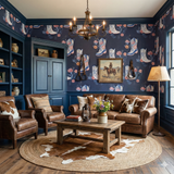 Rodeo themed wallpaper with floral patterns, by Bluebonnet, against a blue backdrop with cowboy boot design.