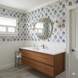 Floral Sevran Bloom Wallpaper in blue and gold, covering the upper half of a bathroom wall.