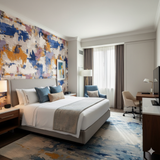 Colorful Marseille Atelier Wallpaper in a modern bedroom setting.