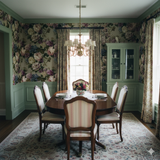 Floral Rosemont Garden Wallpaper with dense botanical print featuring roses and other blossoms in pastel hues.