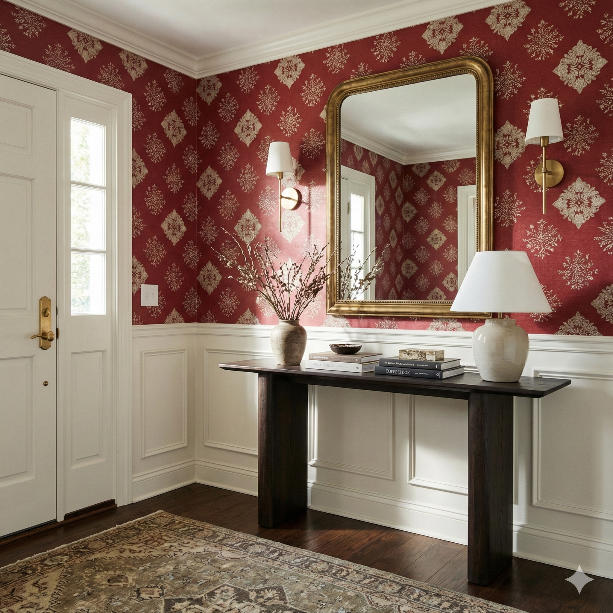 Garnet needlepoint medallion wallpaper with damask pattern, set above white wainscoting, in a well lit foyer.
