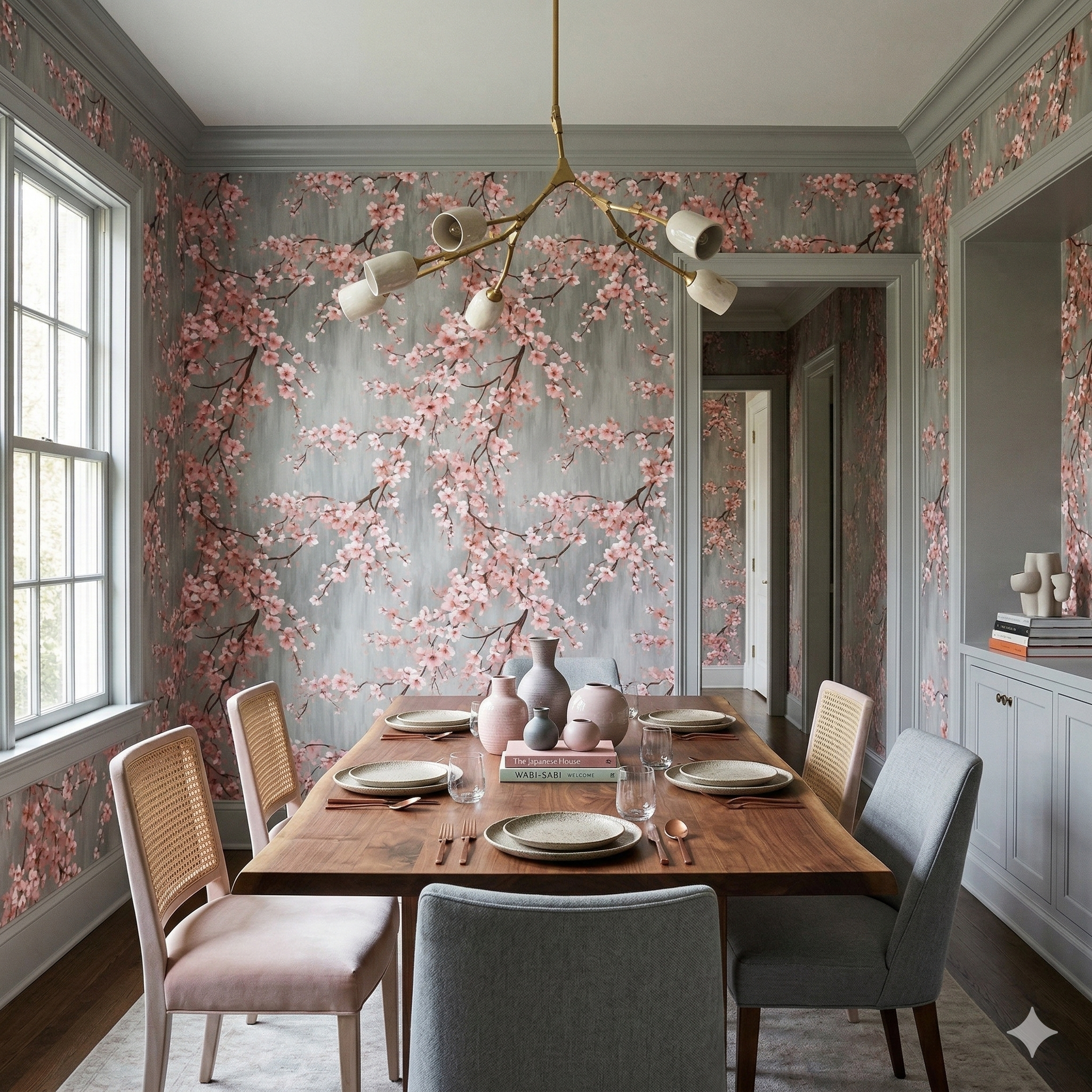 Sakura Blossom wallpaper with floral design on a gray background.