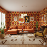 Retro hexagon wallpaper with orange, yellow, and brown pattern, decorating a groovy 1970s living room.