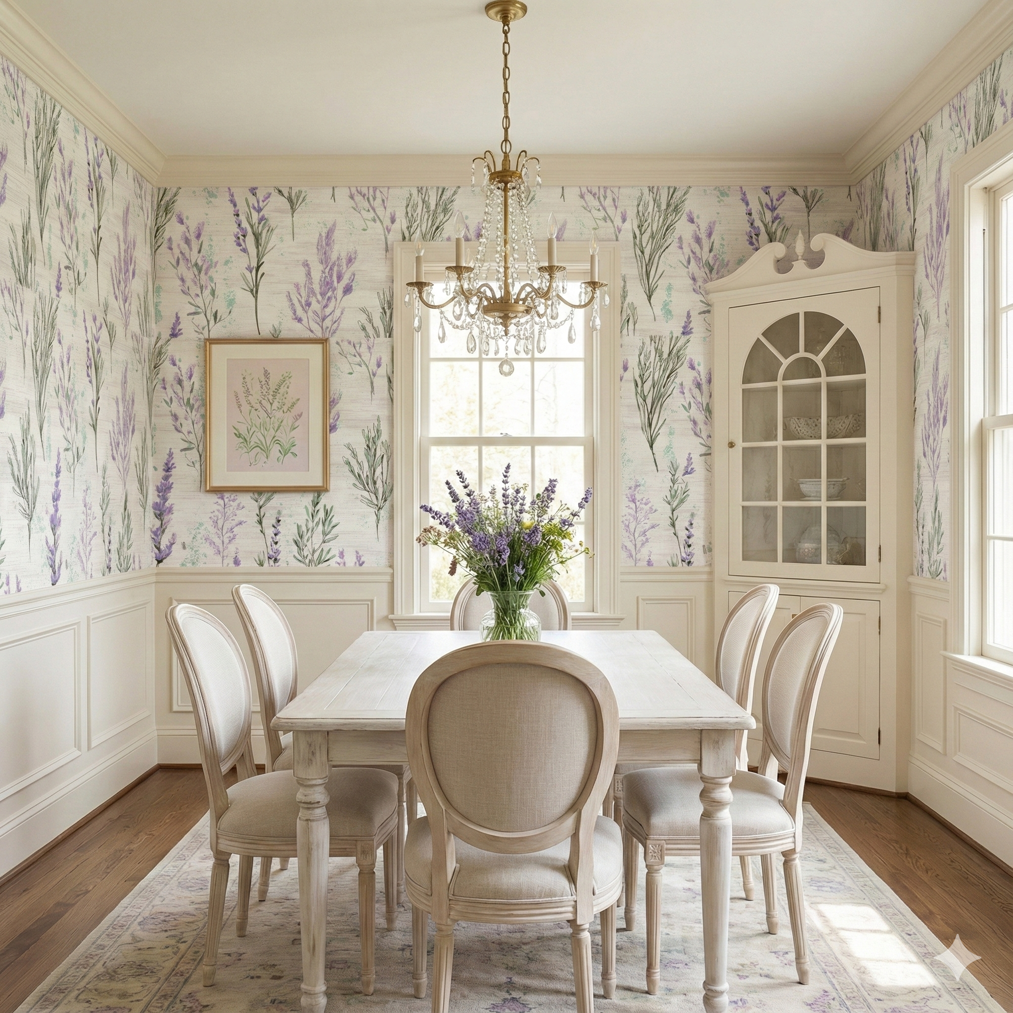 Lavender Field Notes Wallpaper, patterned with lavender illustrations, in a dining room with white wainscoting and wood floors.
