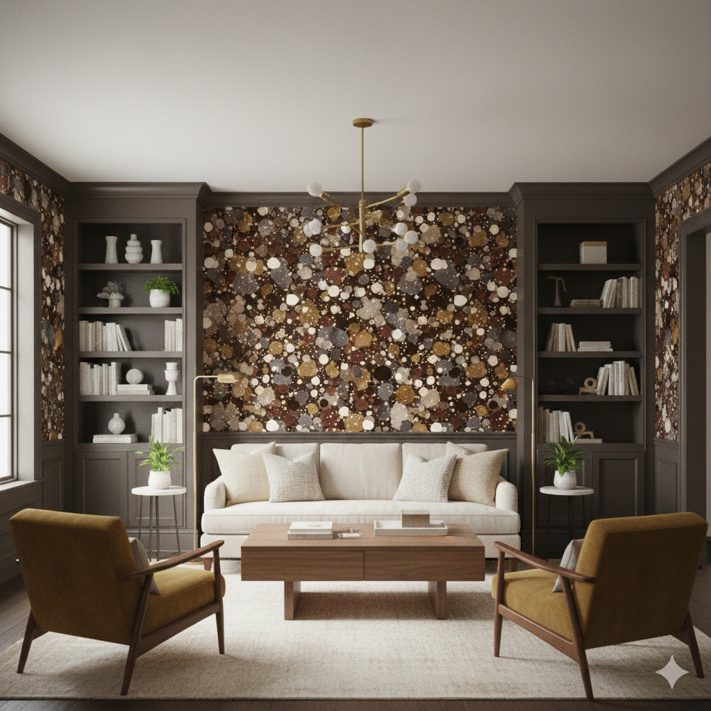 Brown Sienna Drip Wallpaper with mottled pattern on accent wall, flanked by bookshelves.