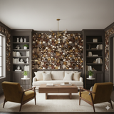 Brown Sienna Drip Wallpaper with mottled pattern on accent wall, flanked by bookshelves.
