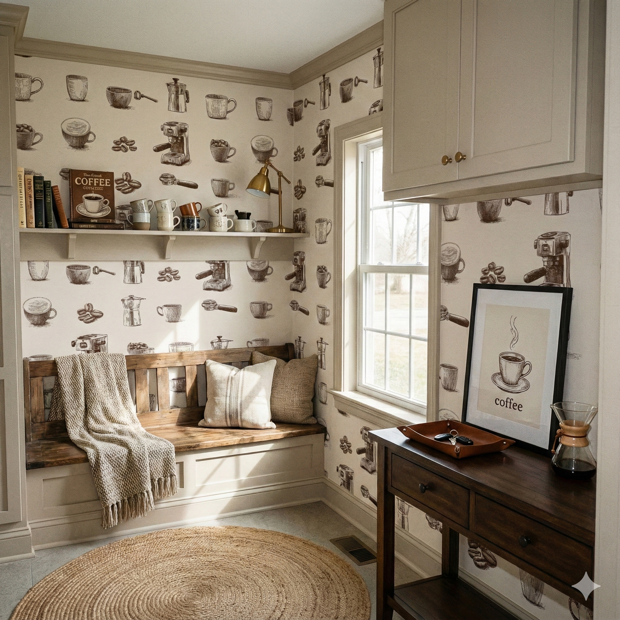 Cortado Atelier wallpaper with coffee-themed pattern, covering a cozy nook with bench seating and accent table.