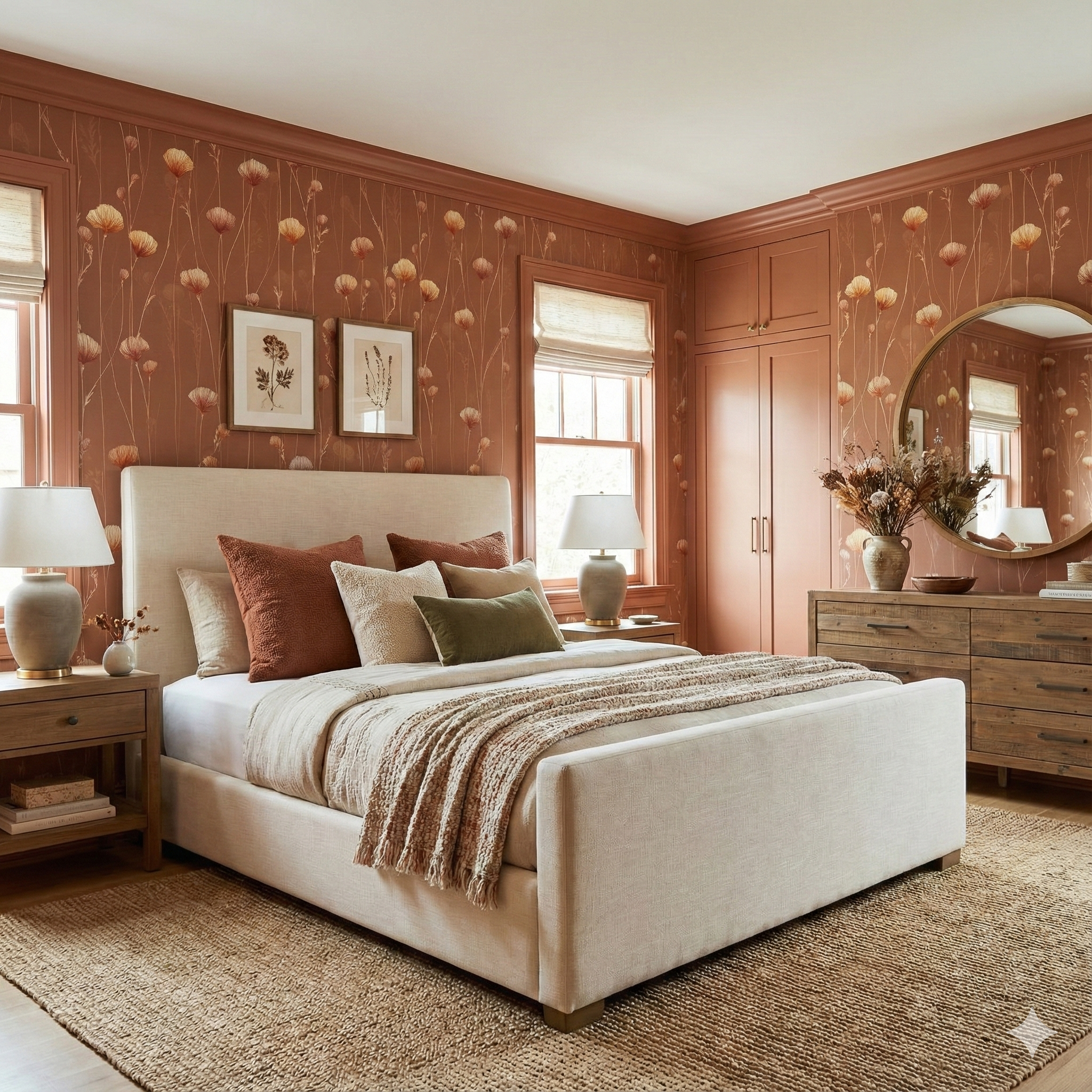 Amberfield Stems Wallpaper with floral pattern, decorating a bedroom with upholstered bed, wooden nightstand and dresser, round mirror, and woven rug.
