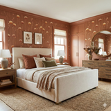 Amberfield Stems Wallpaper with floral pattern, decorating a bedroom with upholstered bed, wooden nightstand and dresser, round mirror, and woven rug.
