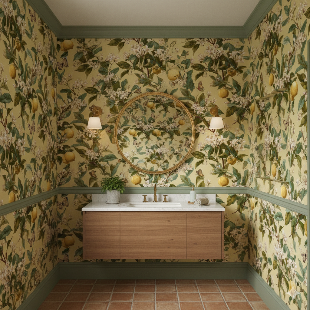 Amalfi Bloom Butterfly Wallpaper with lemon and butterfly design, styled in a small bathroom.