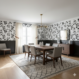 Ashgrove Wallpaper with a leaf pattern on a two-tone dining room wall.