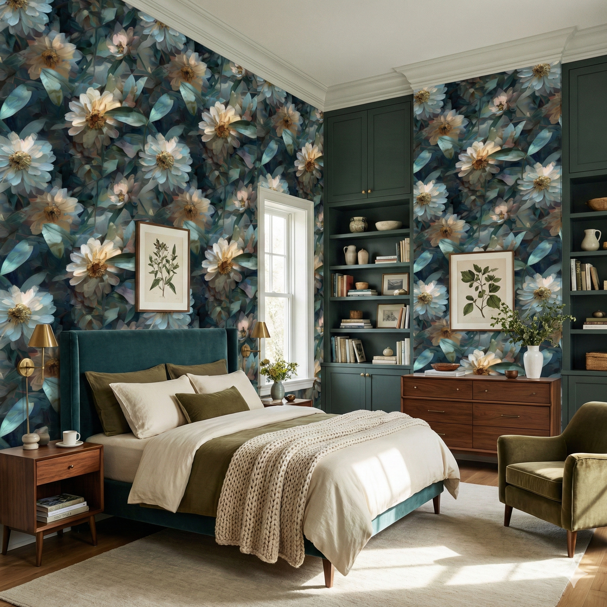 Floral Mistleaf Waltz Wallpaper with a botanical pattern and green hues on a bedroom wall.
